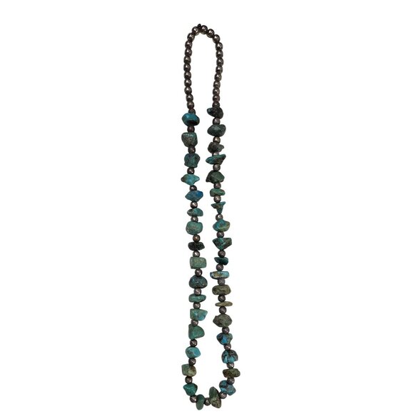 Vintage Turquoise Silver Nugget Beaded Necklace Chunky Rustic Boho Slip On 92gr - Picture 2 of 10
